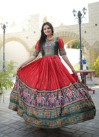 Jyoti Fashion Women's Red Patola with Foil Print Dola Silk Anarkali Dress | Grocsy