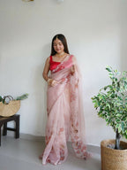 Vamsee Mudra Peach Organza Saree | Grocsy