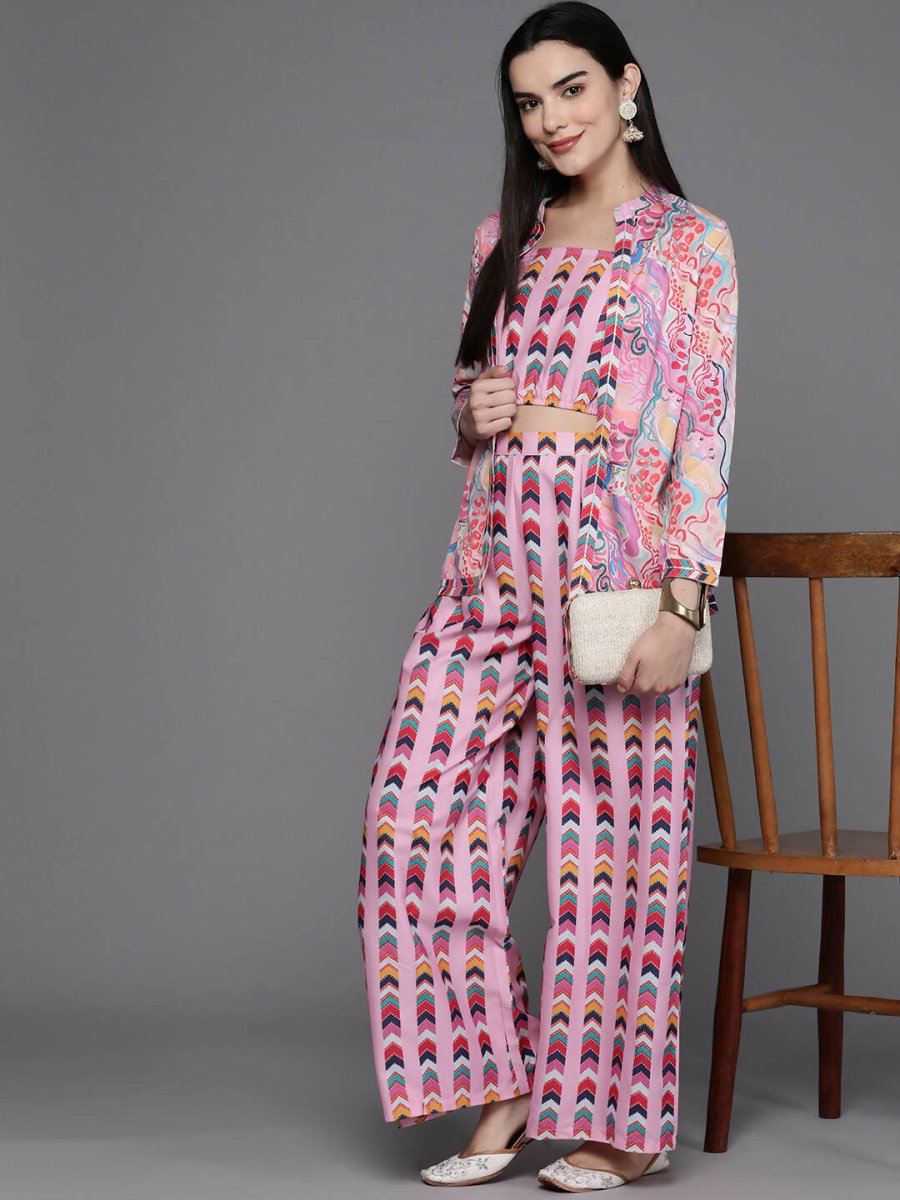 Ahalyaa Women Printed Crop Top with Palazzos & Jacket - Multi Color | Grocsy