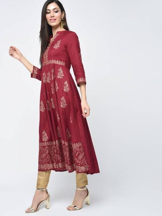 Aniyah Rayon Block Printed Anarkali Kurta In Maroon (AN-116A) | Grocsy