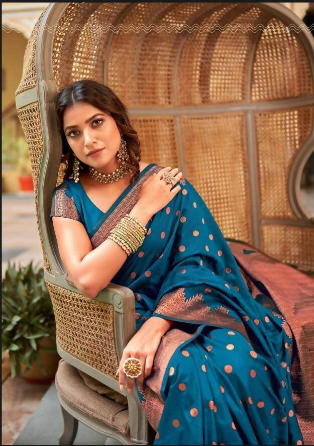 DEIANA'S Beautiful Designer Golden zari Soft Lichi Silk Saree - Blue | Grocsy