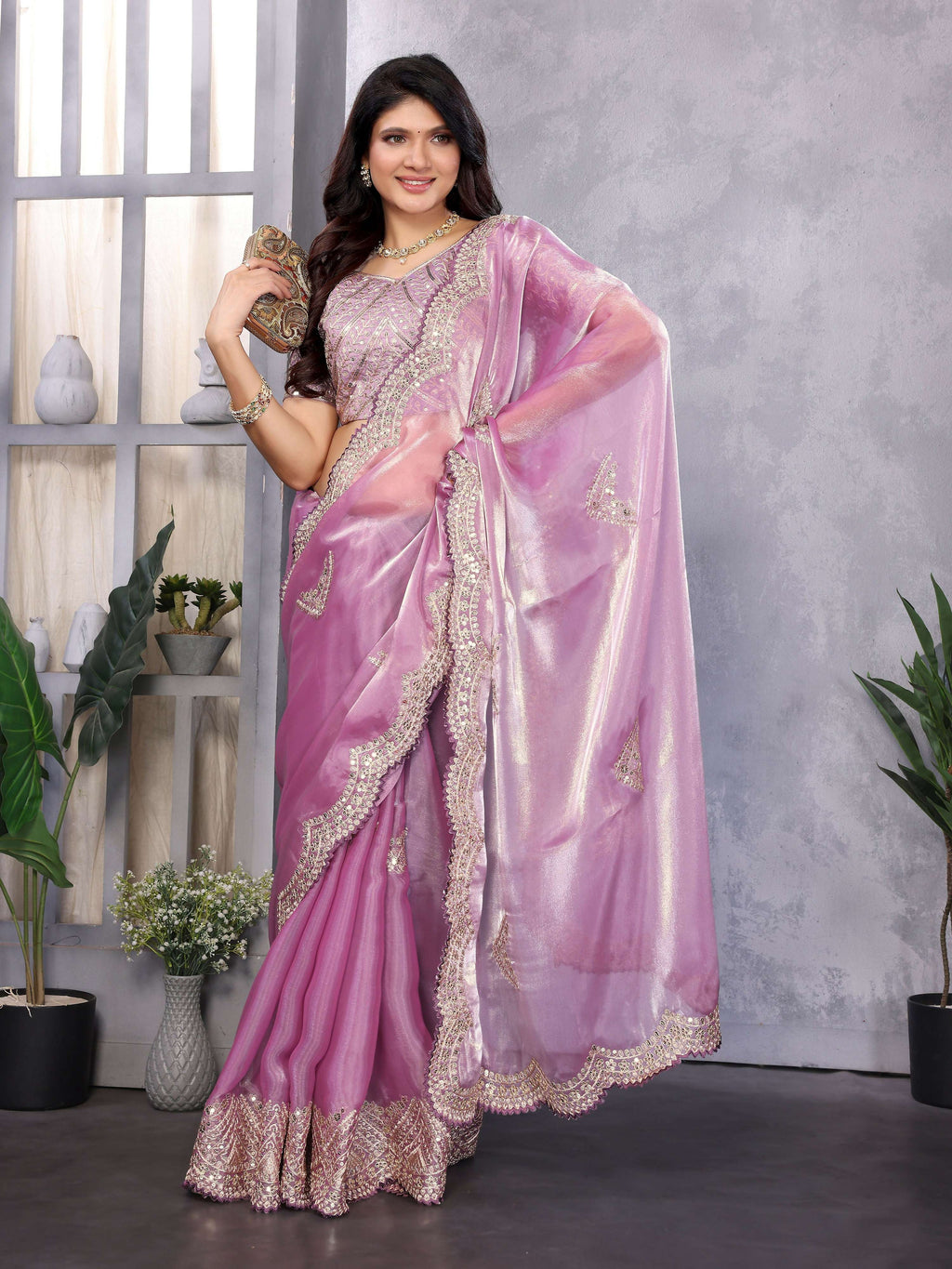 Vastranavya Lavender Embroidery Work Shimmer Chiffon Saree with Unstitched Blouse | Grocsy