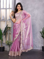 Vastranavya Lavender Embroidery Work Shimmer Chiffon Saree with Unstitched Blouse | Grocsy