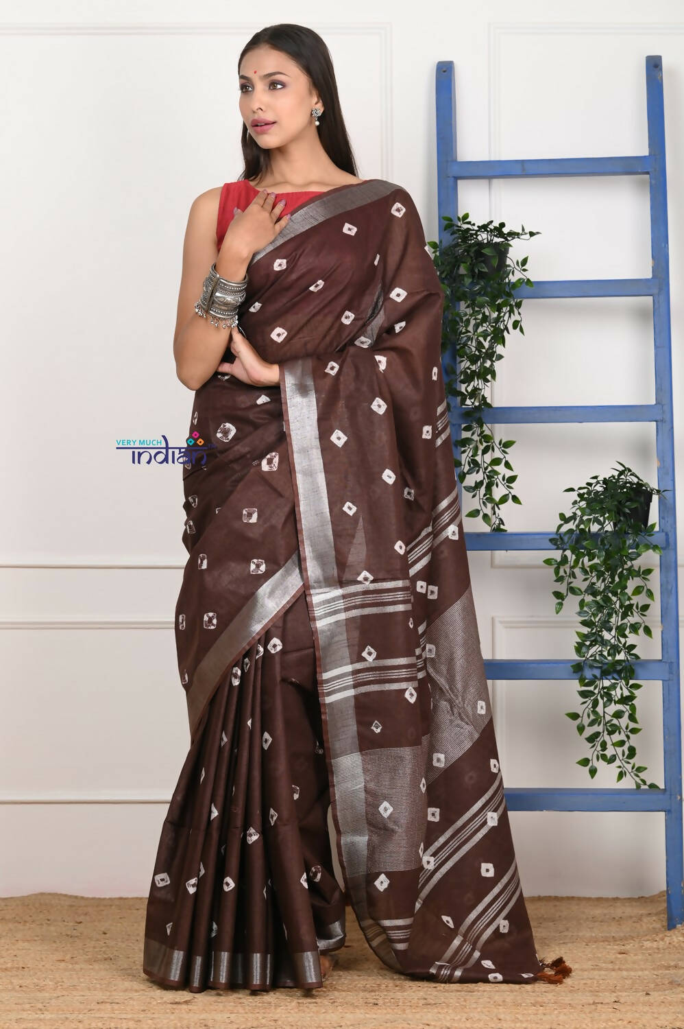 Very Much Indian Handmade Tie And Dye Cotton Saree By Women Weavers - Brown | Grocsy