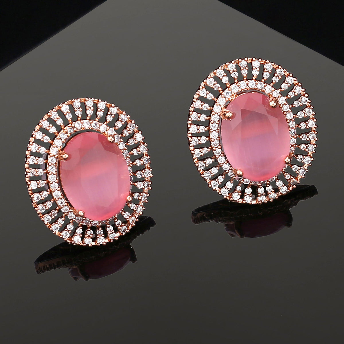 Estele Rose Gold-Polished CZ Circular Designer Stud Earrings with Mint Pink Stones for Women