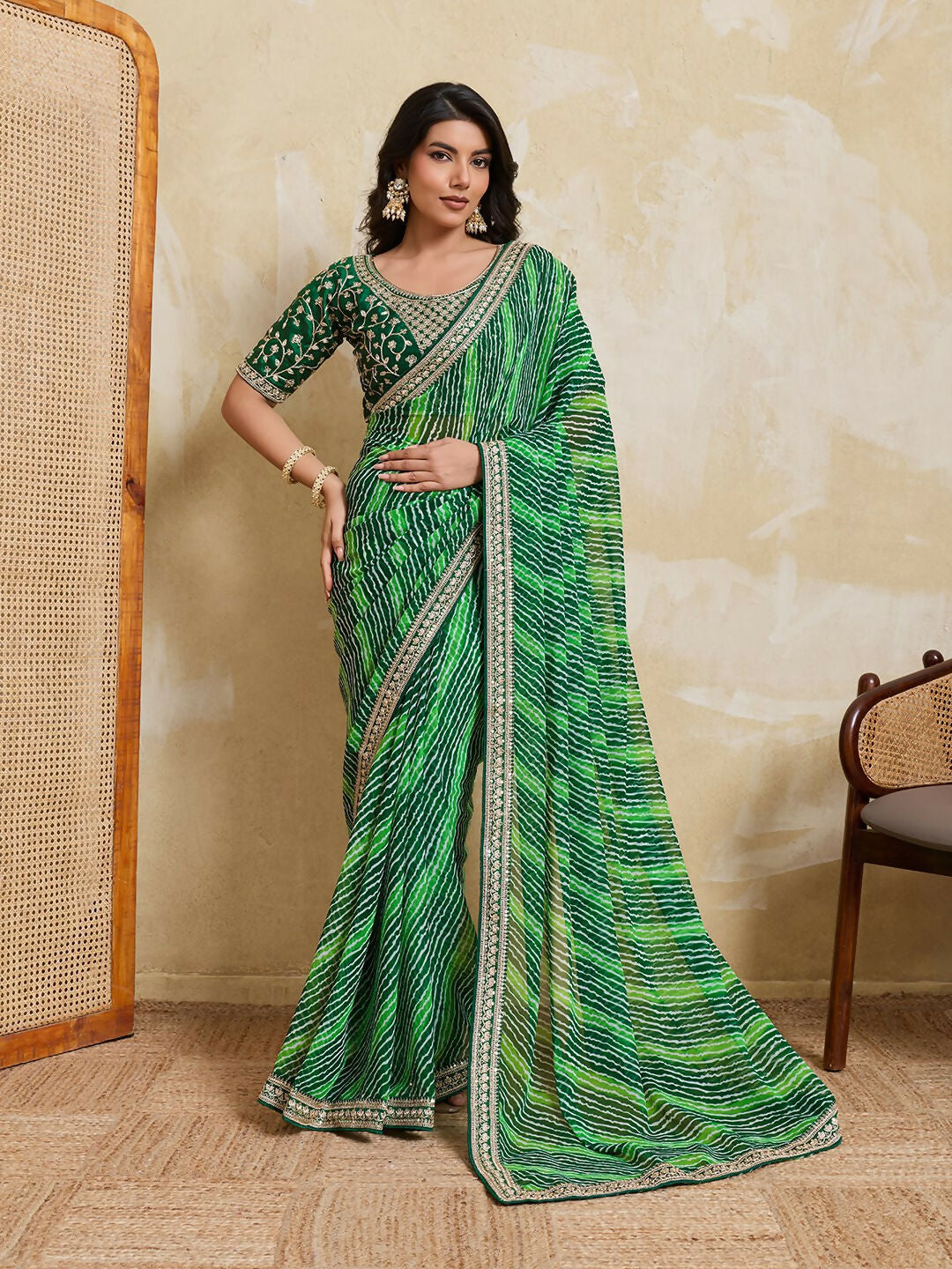 Teeya Creation New Trendy Leheriya Bandhani Georgette Saree For Daily Wear -Green | Grocsy