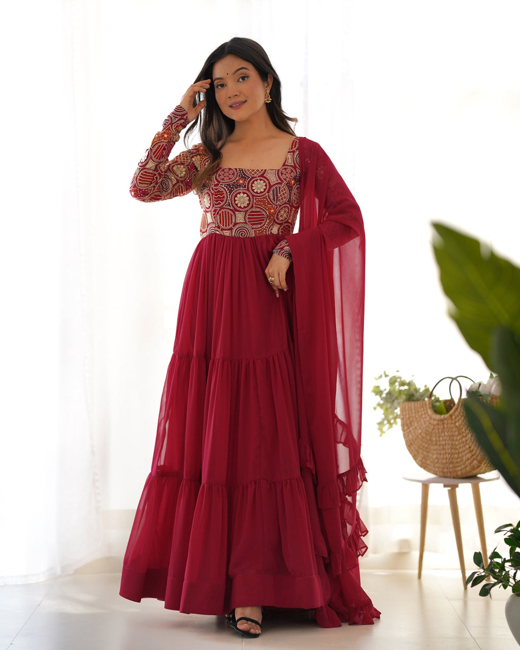 Evanik Women Maroon Festive Wear Embroidered Anarkali Kurta with Dupatta | Grocsy