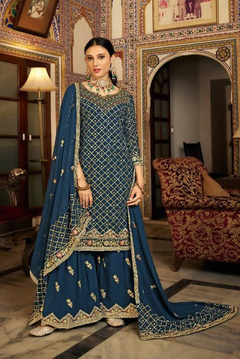 Teal Heavy Chinon Semi Stitched Kurta with Bottom & Dupatta - Dhvani | Grocsy