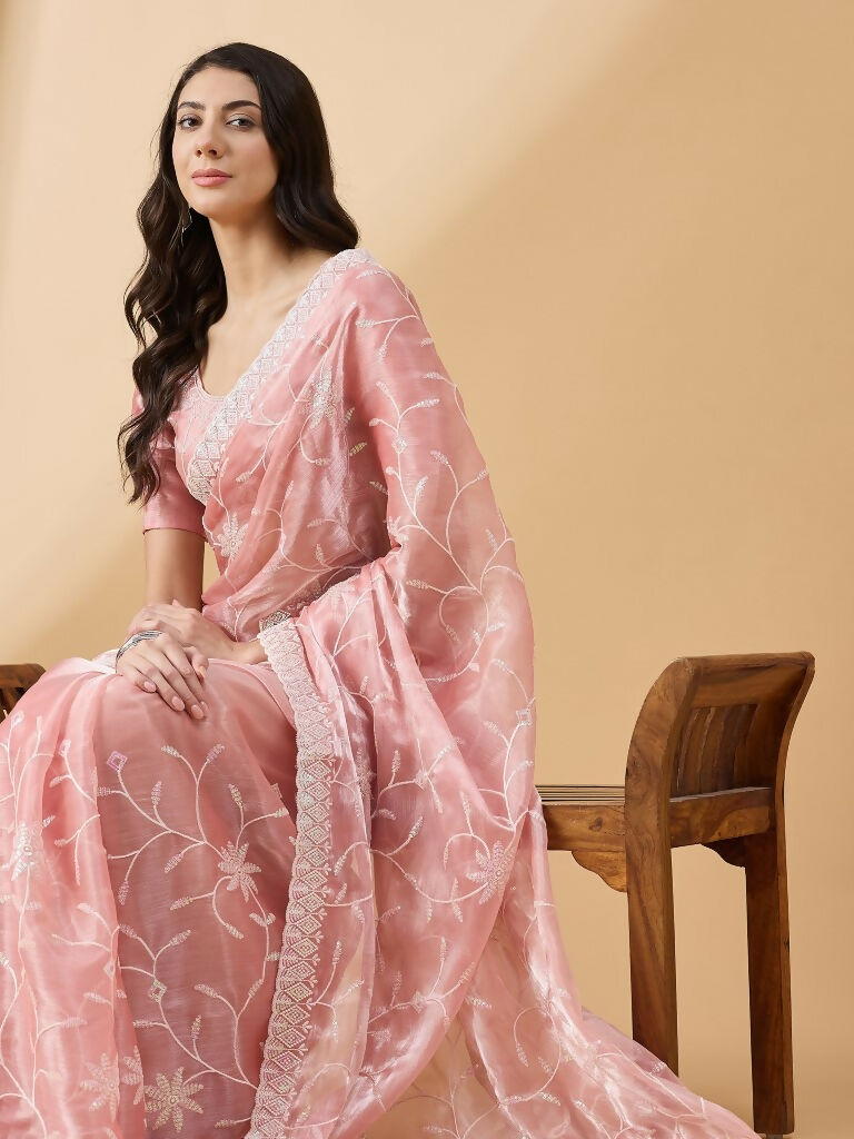 Peach Tissue Slub Embroidered Saree with Unstitched Blouse - Vairagi | Grocsy
