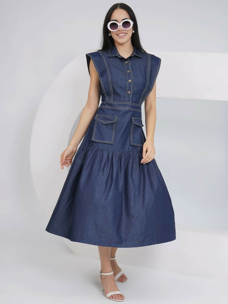 Joban Fashion Blue Denim Midi Dress | Grocsy