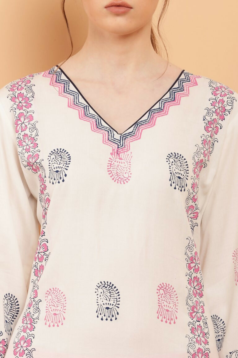 Cheera Women Stylish Hand Block Printed Cotton Blend Flared Kurta - Off White | Grocsy
