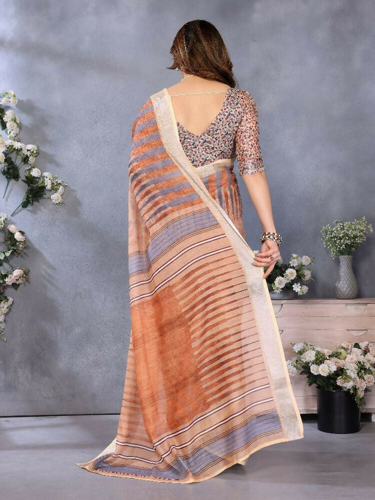 PR Fashion Brown Handloom Linen Cotton Saree | Grocsy