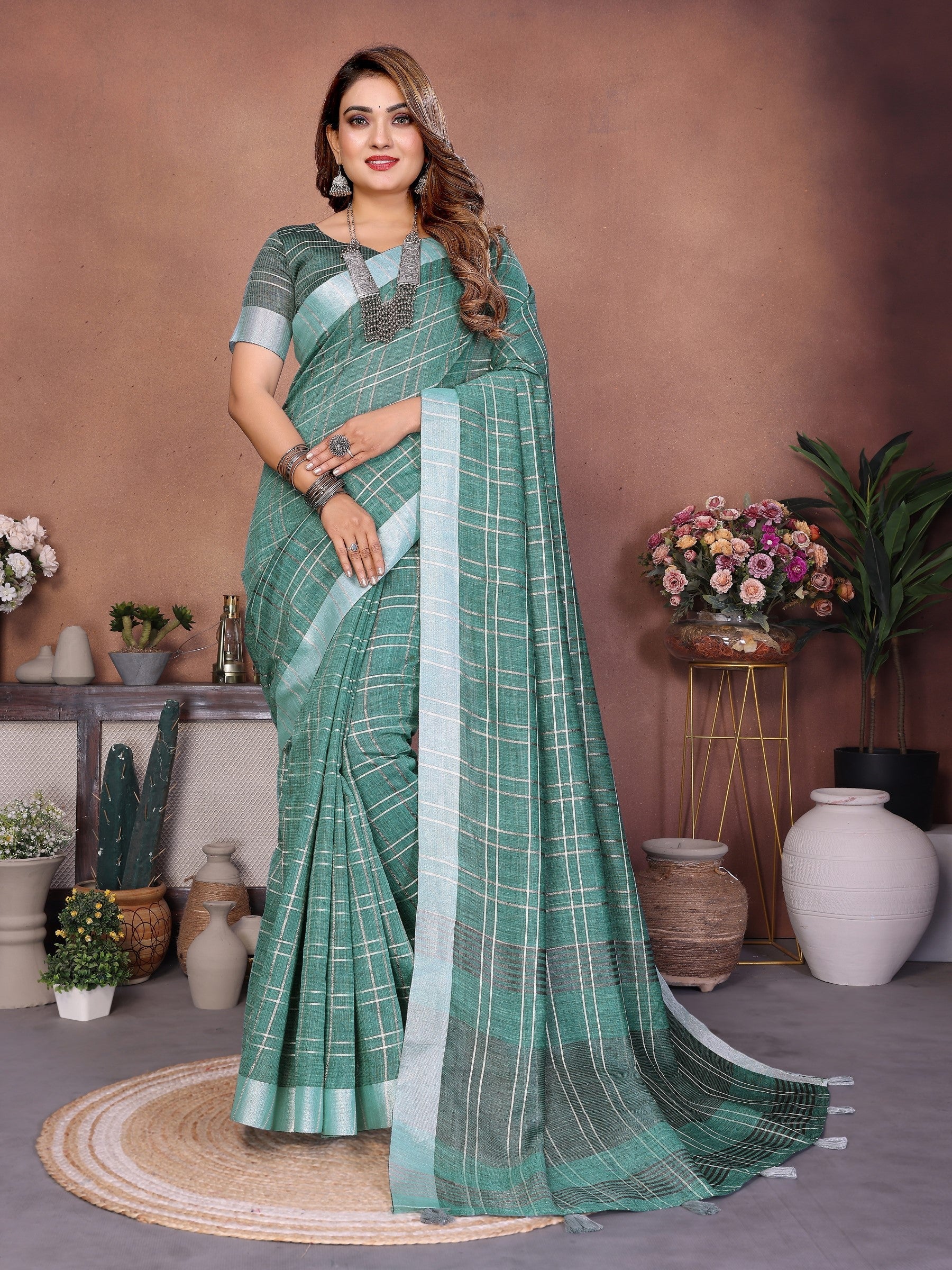Anaita Teal Green Weaving Linen Cotton Saree With Blouse | Grocsy