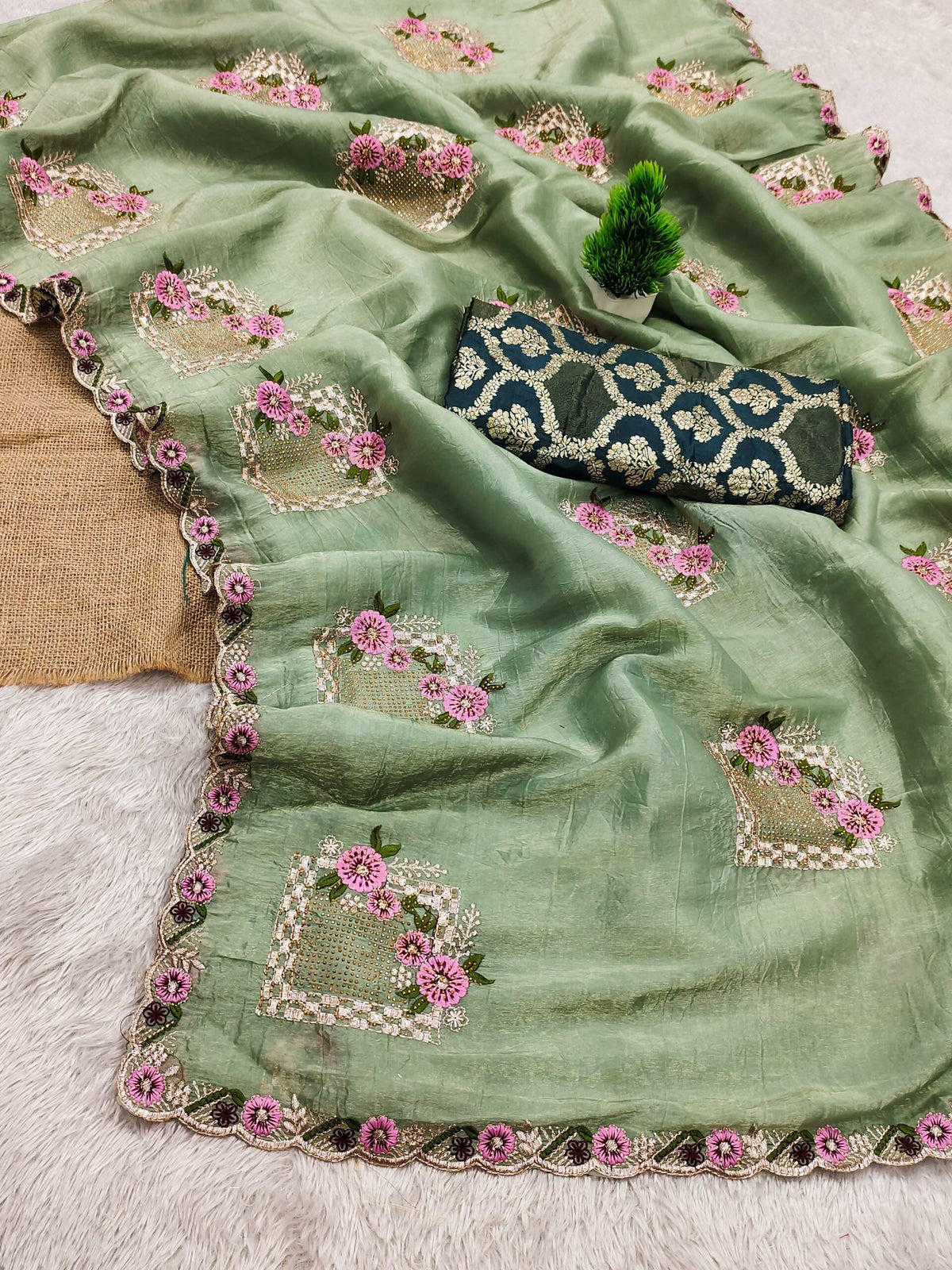 Teeya Creation Pista Color Pure Paper Silk Heavy Embroidery Work Wedding Wear Saree | Grocsy