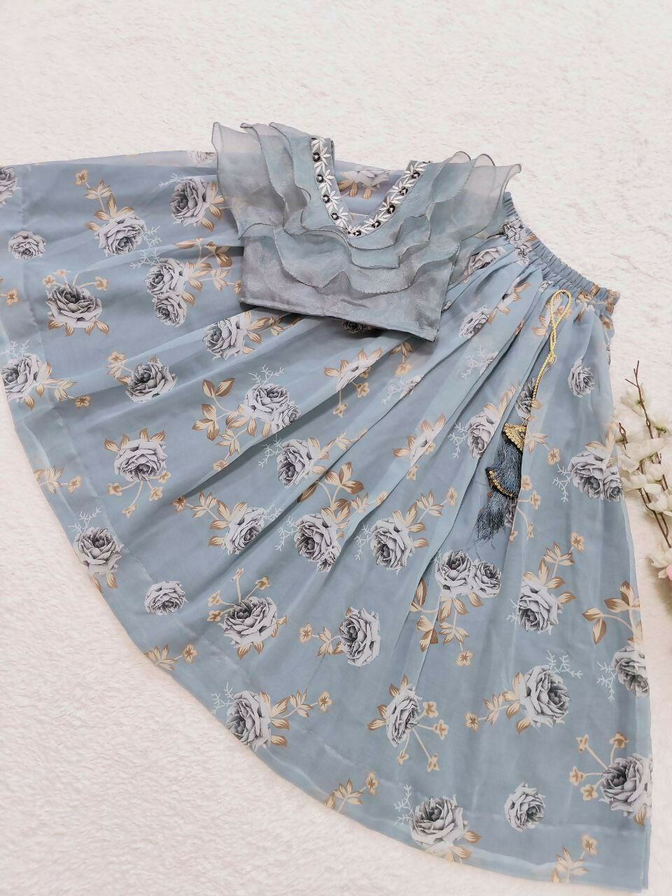 Jyoti Fashion Charming Grey Faux Georgette Digital Printed with Fancy Latkan Work Kids Lehenga Choli Set | Grocsy