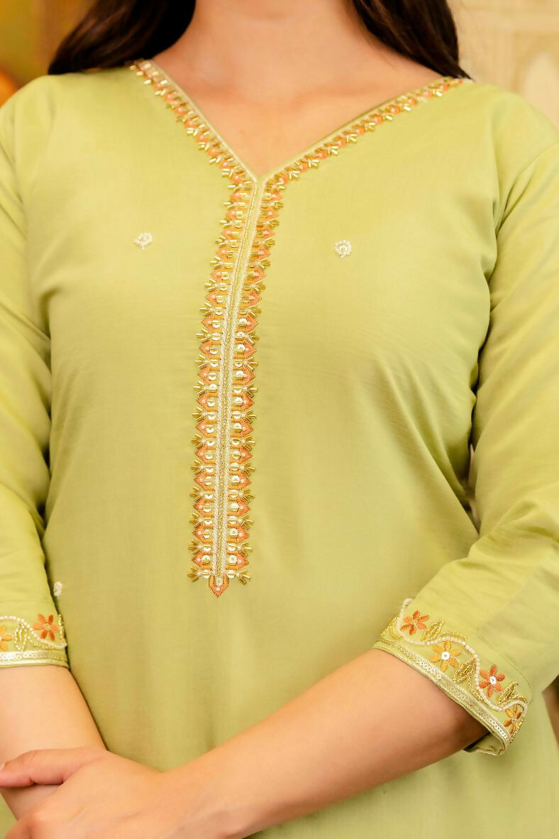 The52 Lemons Women's Beautiful Viscose Shimmer Fabric Embroidered Work Straight Kurta Pant and Dupatta Set | Grocsy