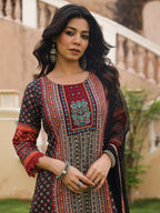 Juniper Women's Black Ethnic Motif Printed Rayon Kurta Palazzo And Dupatta With Mirror & Thread Work | Grocsy
