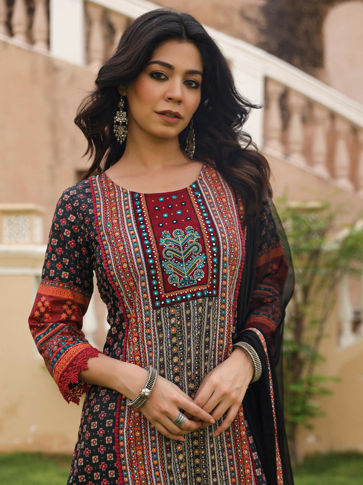 Juniper Women's Black Ethnic Motif Printed Rayon Kurta Palazzo And Dupatta With Mirror & Thread Work | Grocsy