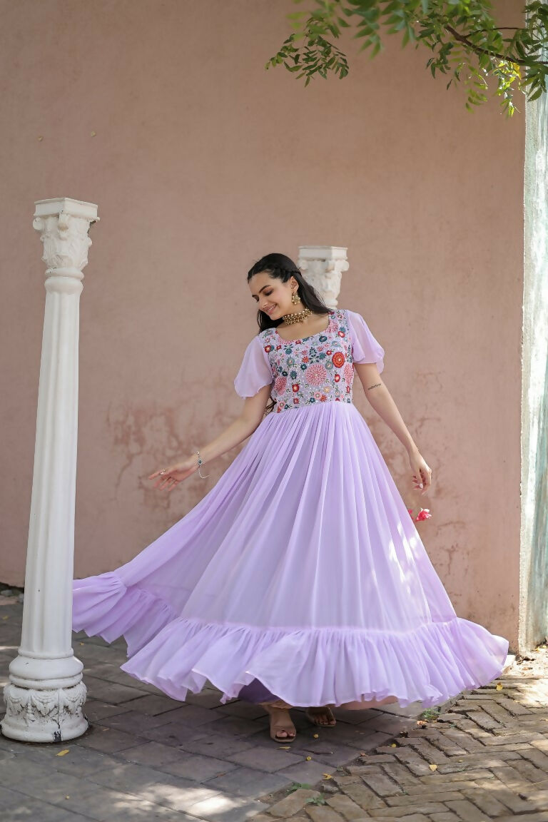 Jyoti Fashion Women's Purple Sequins Thread Embroidery Faux Georgette Anarkali Dress | Grocsy