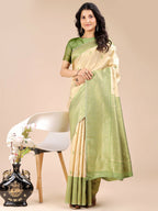 Shree Shyam Fashion Aura Silk Cream Light Green Banarasi Silk Saree | Grocsy