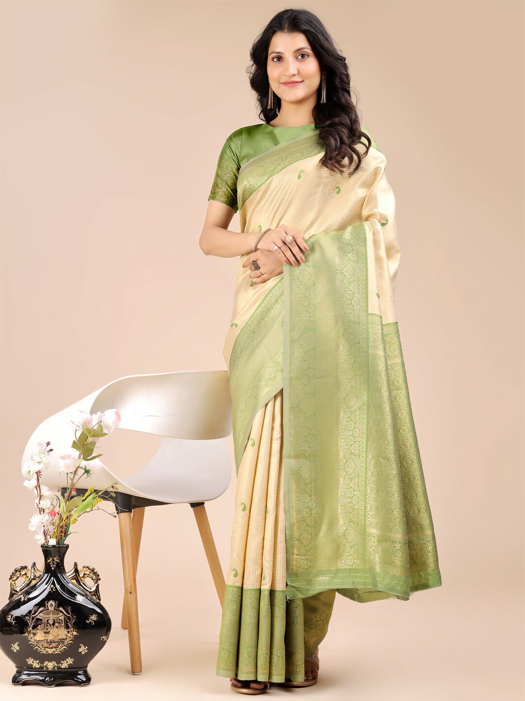 Shree Shyam Fashion Aura Silk Cream Light Green Banarasi Silk Saree | Grocsy