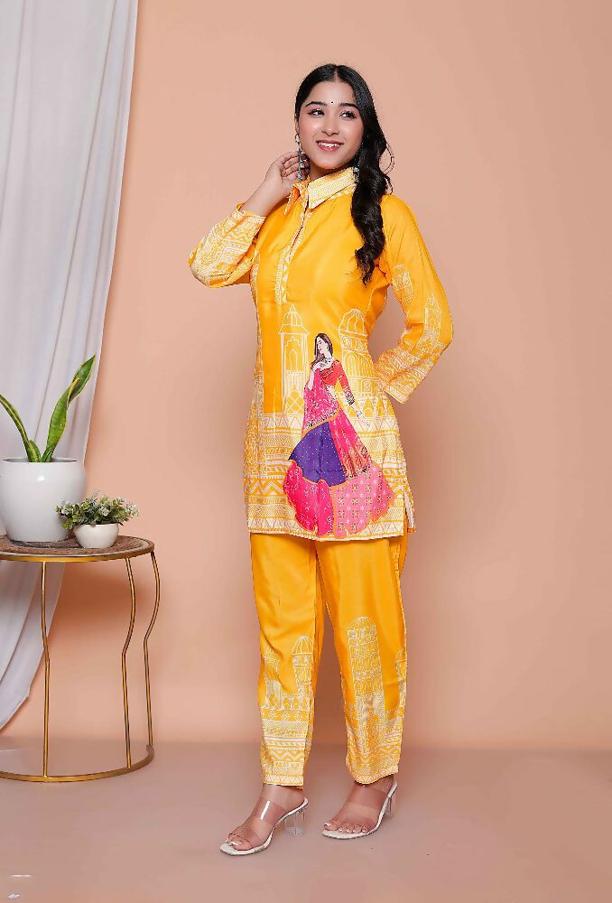 Miravan Womens Yellow Digital Printed Kurta Set | Grocsy