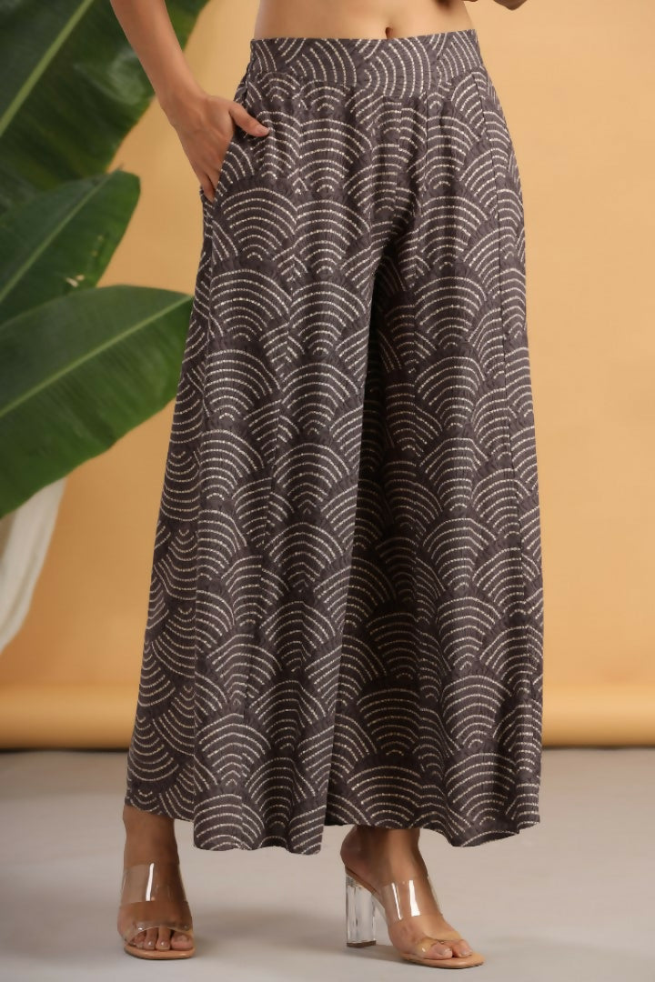 Juniper Grey Ethnic Motif Printed Rayon Flared & Kalidar Palazzo | Grocsy
