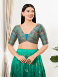 Joban Fashion Peacock Blue Brocade Padded Blouse With V Neck Elbow Sleeves | Grocsy