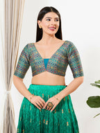 Joban Fashion Peacock Blue Brocade Padded Blouse With V Neck Elbow Sleeves | Grocsy