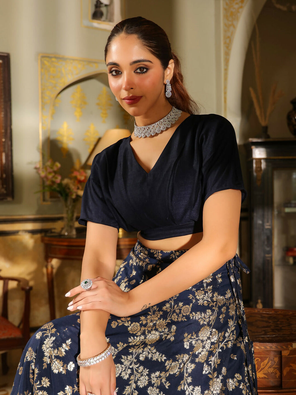 Janasya Navy Blue Silk Blend Solid Lehenga Choli | Grocsy