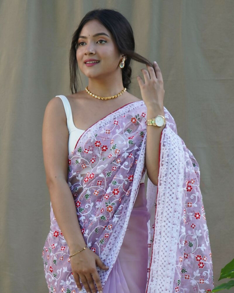 Vamsee Sombi Box Lavender Organza Saree | Grocsy
