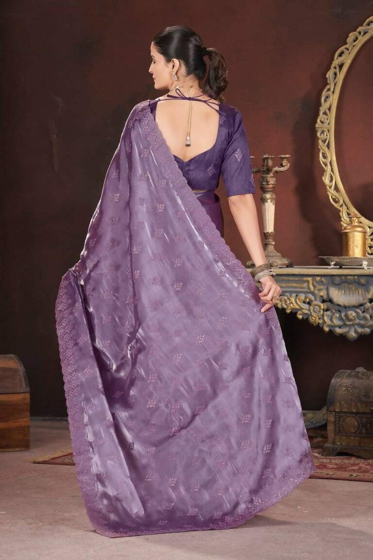 Vastranavya Lavender Jimmy Choo Silk 3mm Sequence work with Cross Stitch Embroidery work & Cutwork Border Saree | Grocsy