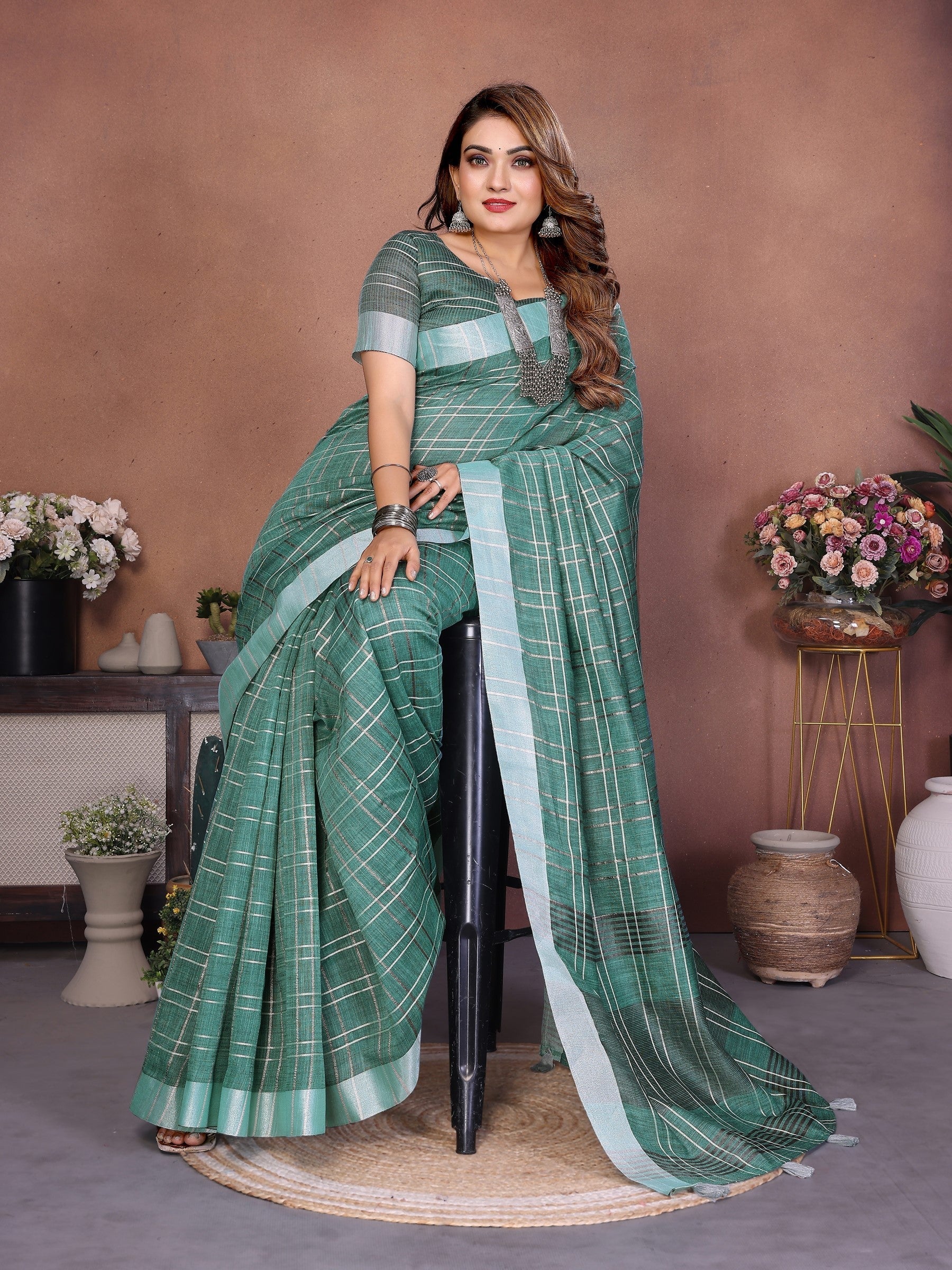 Anaita Teal Green Weaving Linen Cotton Saree With Blouse | Grocsy