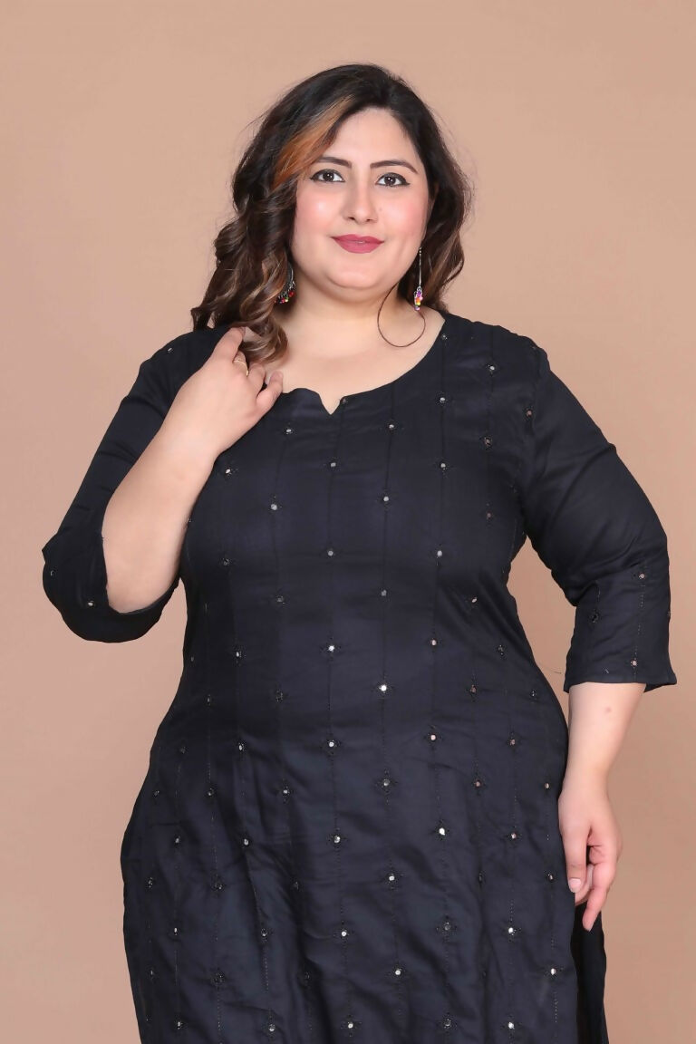 Miravan Women's Plus Size Black Mirror Work Embroidered Pakistani Straight Kurti | Grocsy