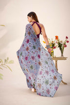 Vastranavya Grey Lurex Brasso Floral Printed Saree with Unstitched Blouse | Grocsy
