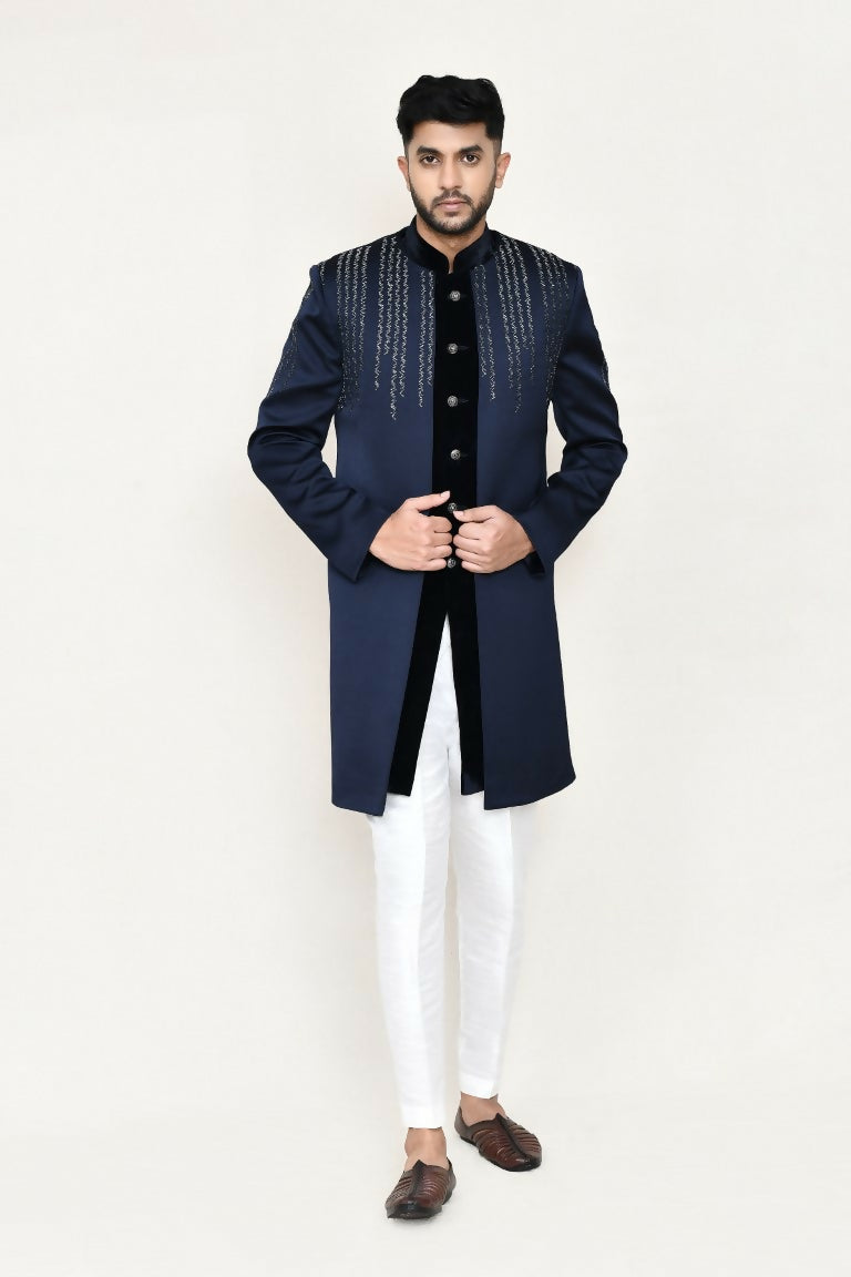 Joban Fashion Blue Colored Velvet Fabric Open Jacket, Indo Western With Straight Fit Pant | Grocsy