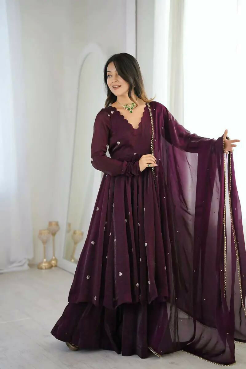 Teeya Creation Violet Crunchy Silk Embroidery Work Designer Suit | Grocsy