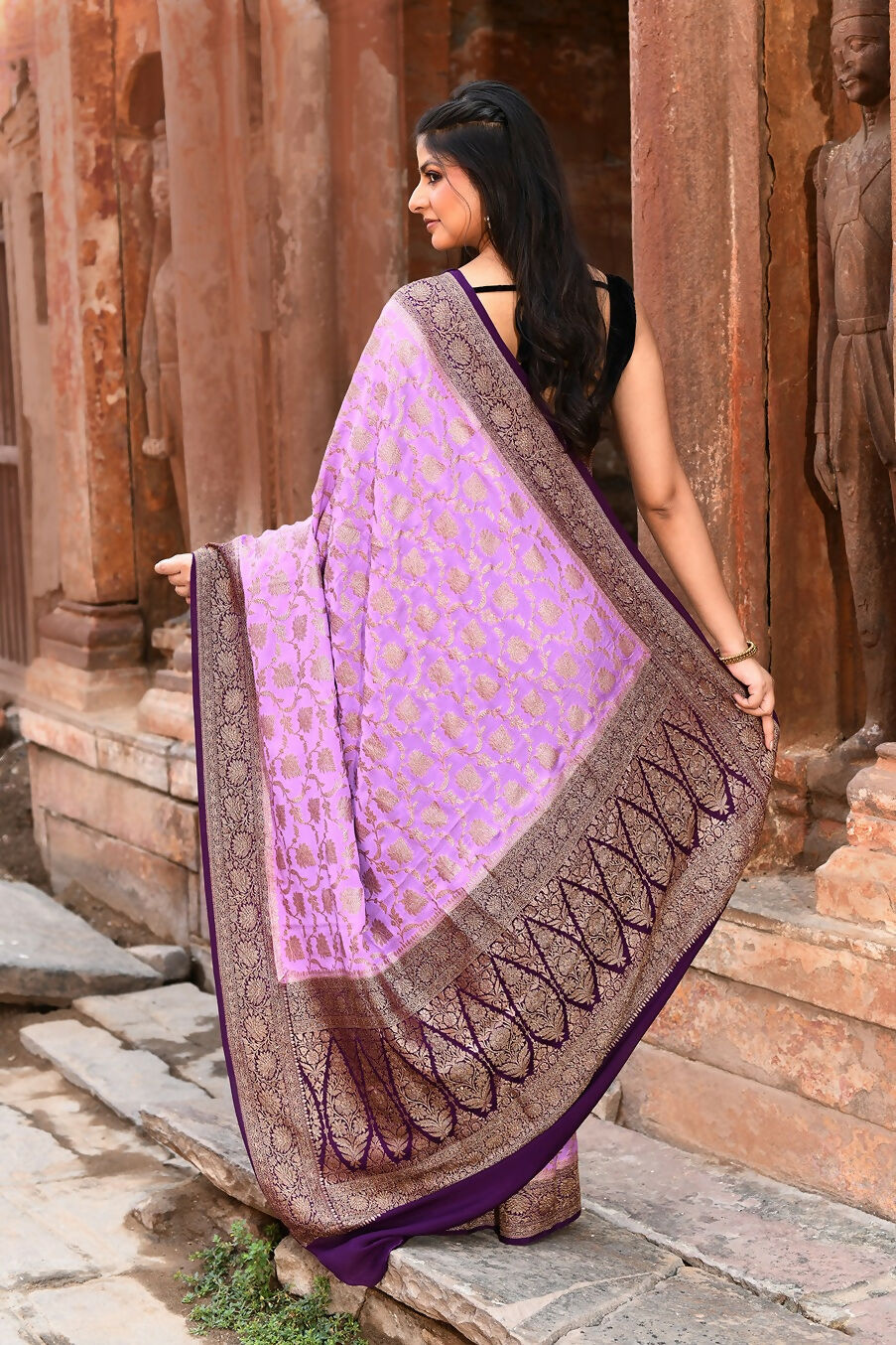 Joban Fashion Lavender Crepe Chiffon Pure Handloom Banarasi Silk Saree | Grocsy