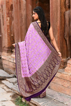 Joban Fashion Lavender Crepe Chiffon Pure Handloom Banarasi Silk Saree | Grocsy