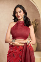 Vastranavya Rust Digital Printed Linen Ready To Wear Designer Saree with Unstitched Blouse | Grocsy