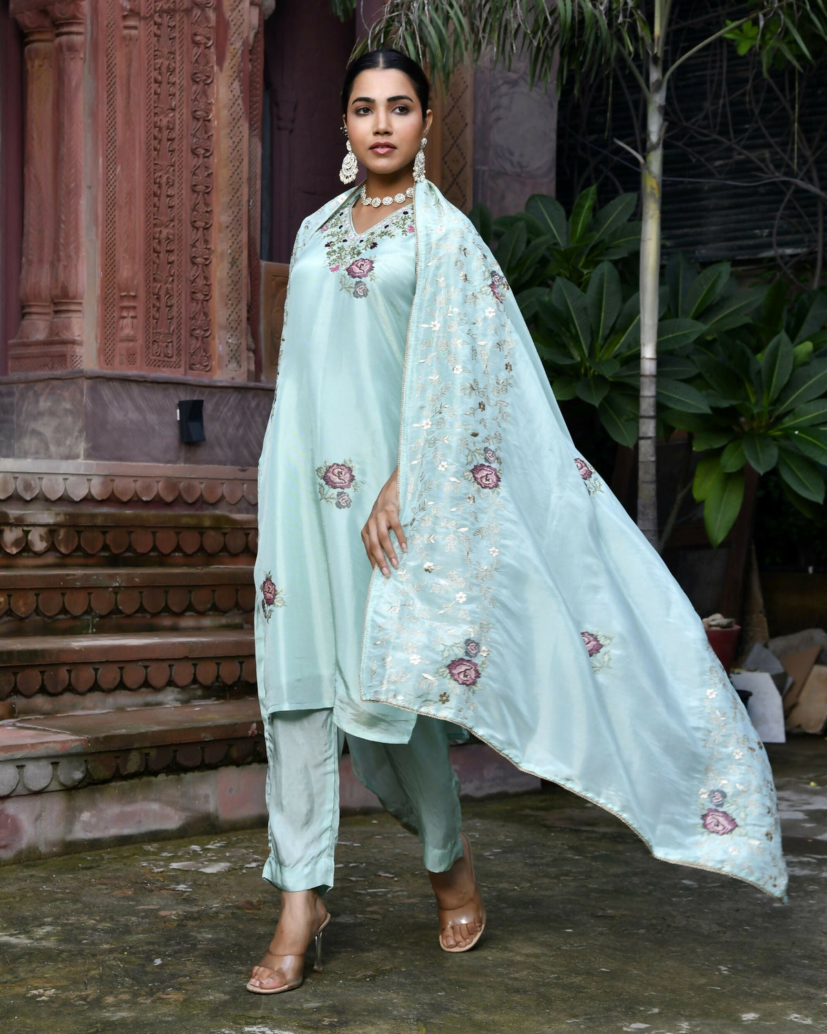 Vaasva Women's Tissue Silk Emboidered Suit Set With Solid Pant & Solid Embroidered Dupatta | Grocsy