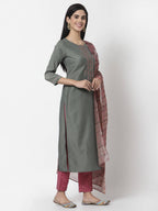 Myshka Women Grey Silk Blend Embroidered 3/4 Sleeve Round Neck Kurta Pant Dupatta Set | Grocsy