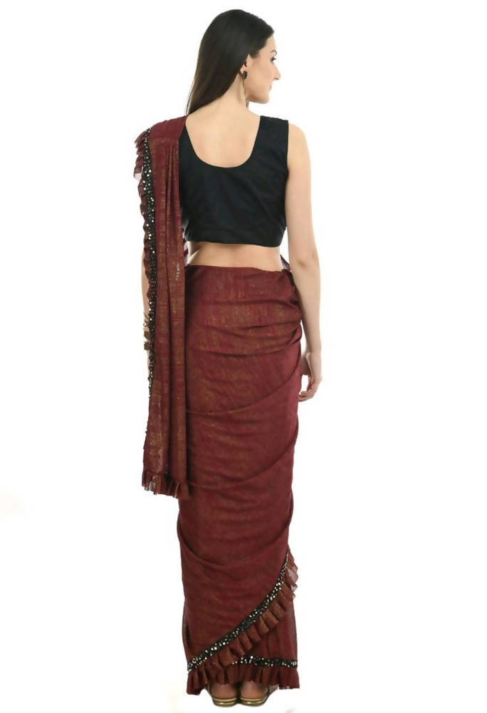 Mominos Fashion All Season Wear Rust And Black Ruffled Ready To Wear Saree | Grocsy