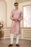 Raivat Ethnic Men's Art Silk Thread Work Kurta Pyjama In Cream Beige Colour | Grocsy
