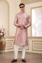 Raivat Ethnic Men's Art Silk Thread Work Kurta Pyjama In Cream Beige Colour | Grocsy