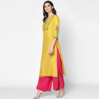 Cheera Hand Block Print Yellow & Magenta Straight Kurta With Palazzo (MAAI-084K) | Grocsy