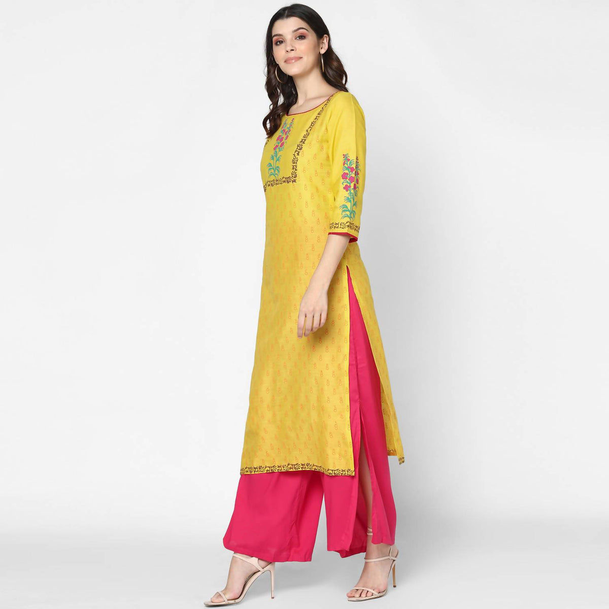 Cheera Hand Block Print Yellow & Magenta Straight Kurta With Palazzo (MAAI-084K) | Grocsy