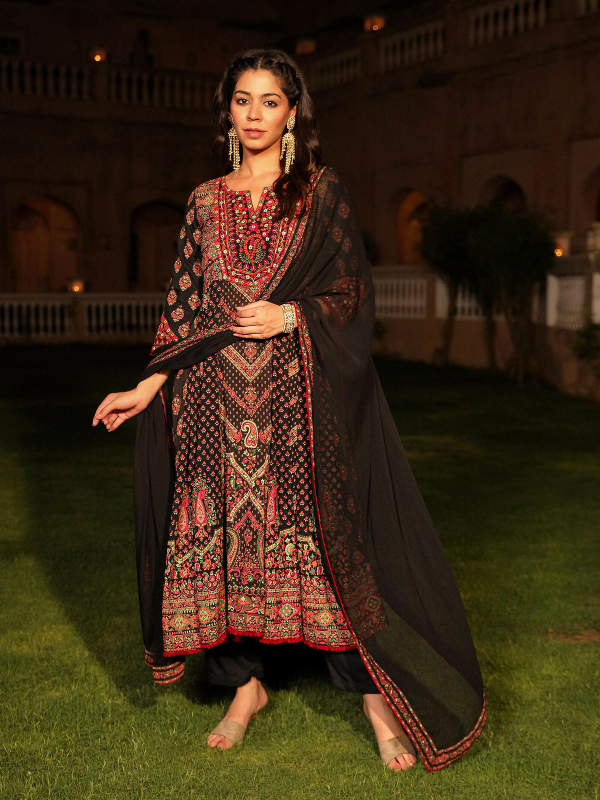 Juniper Women's Black Ethnic Motif Printed Rayon Kurta Palazzo And Dupatta With thread & Mirror Work | Grocsy