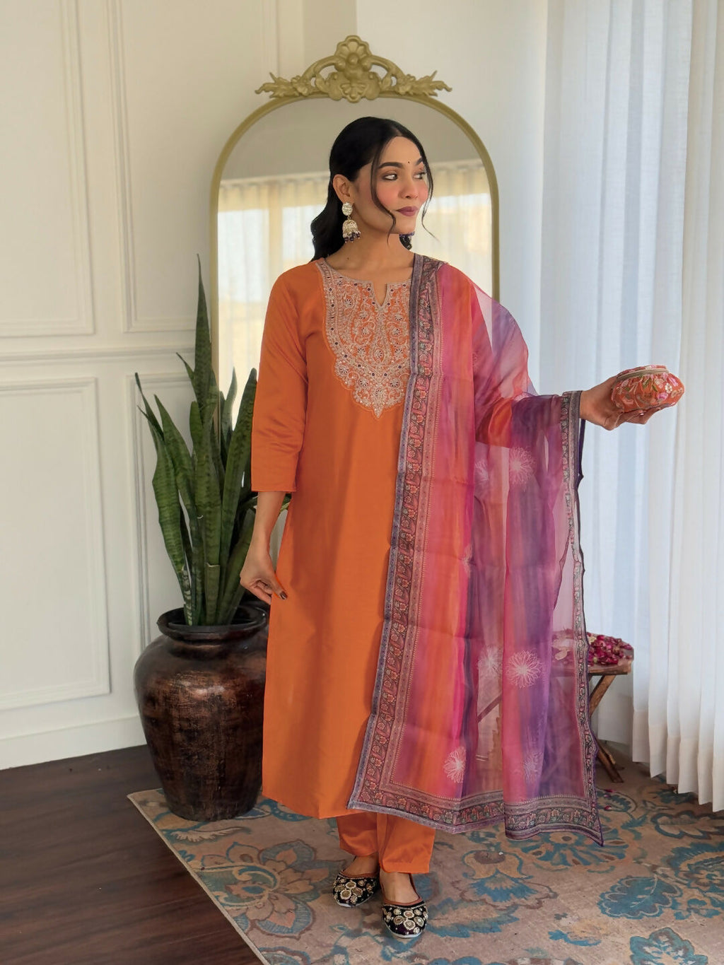 The52 Orange Women's Gorgeous Embroidered Rayon Fabric with Straight Kurta, Pant and Dupatta Set | Grocsy