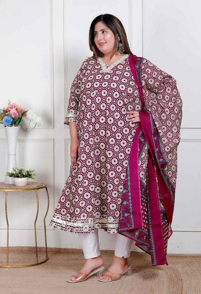 Miravan Plus Size Women'S Cream Embroidered Cotton Anarkali Kurta And Dupatta | Grocsy